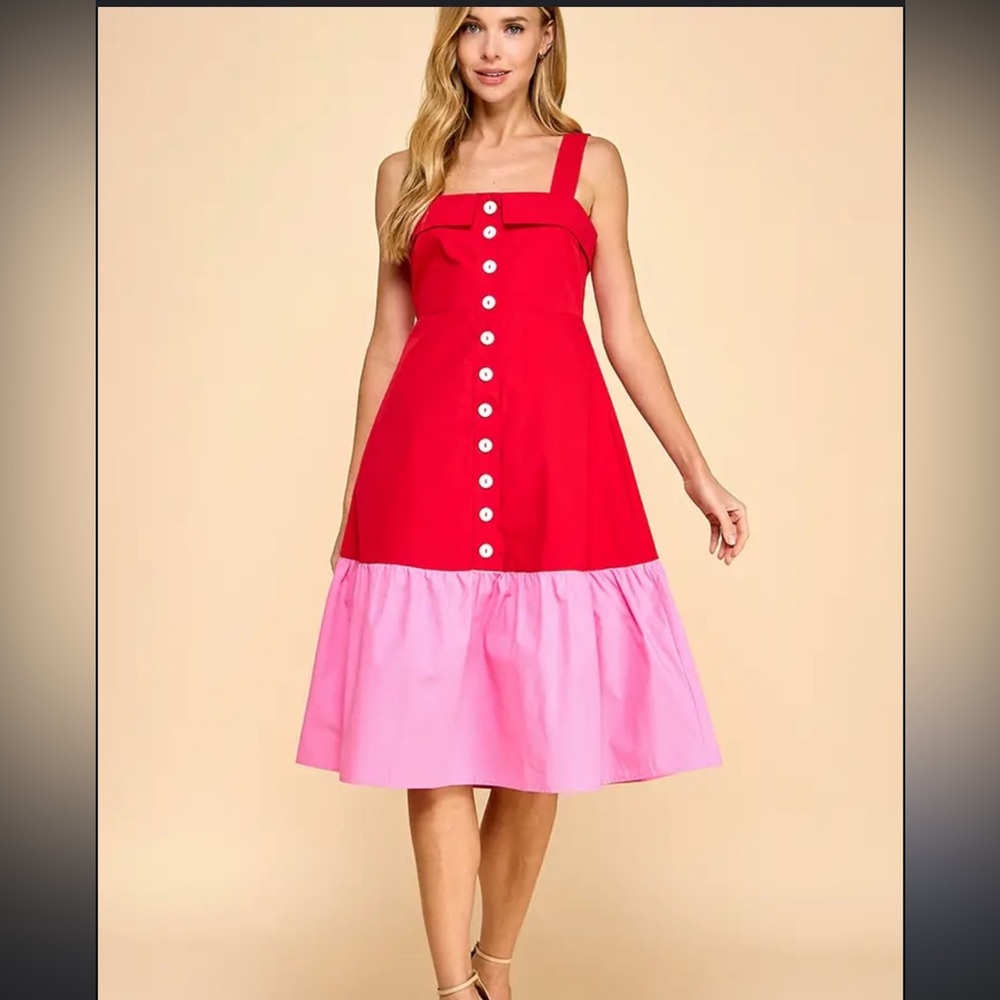 Red and Pink Button-Down Dress
